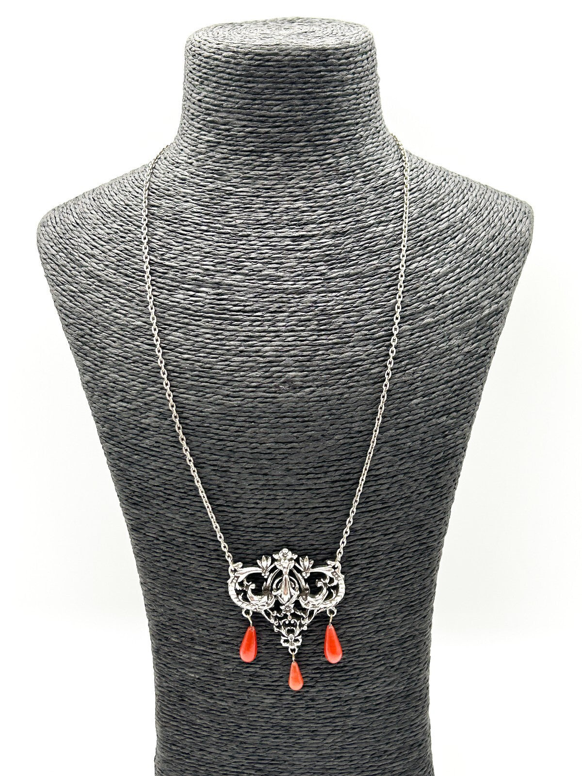 Vintage Art Nouveau Style Pendant Necklace Silver Tone Orange Glass Drops