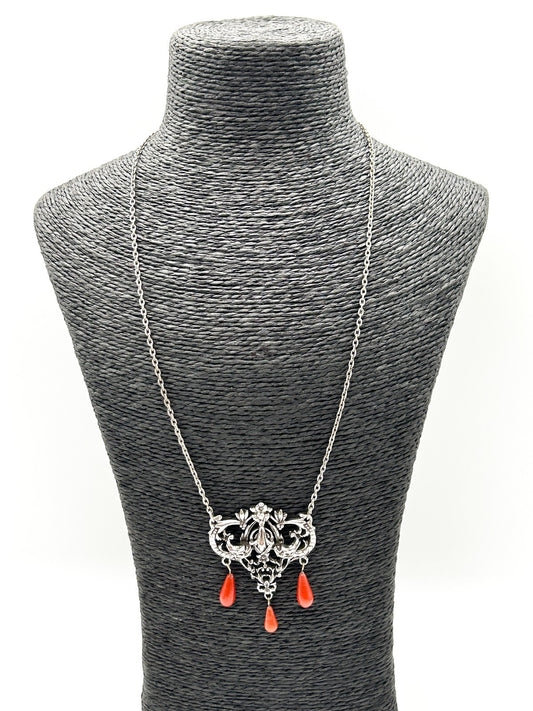 Vintage Art Nouveau Style Pendant Necklace Silver Tone Orange Glass Drops