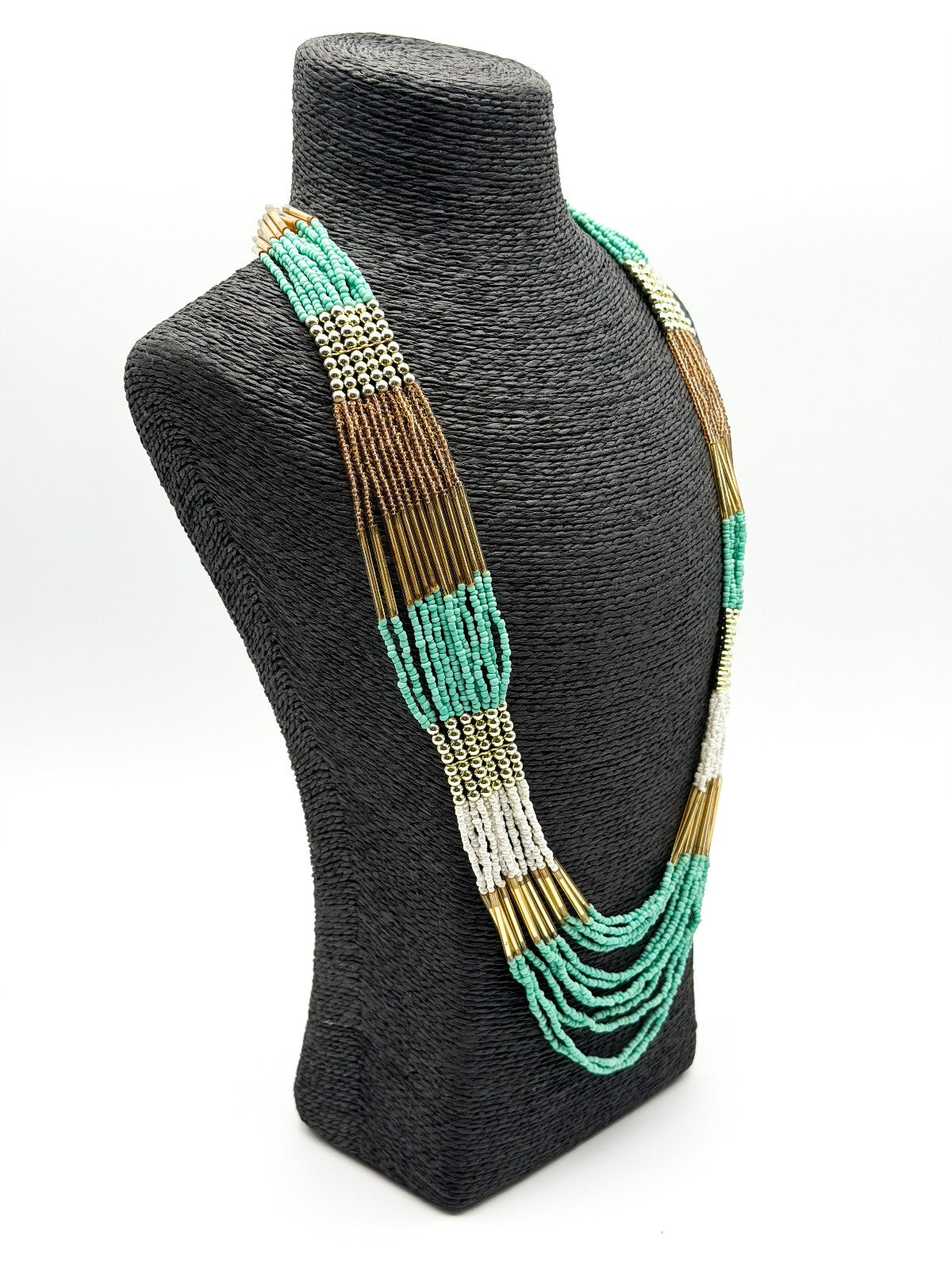Boho Multi Strand Turquoise White Beaded Necklace Gold Tone Statement Festival