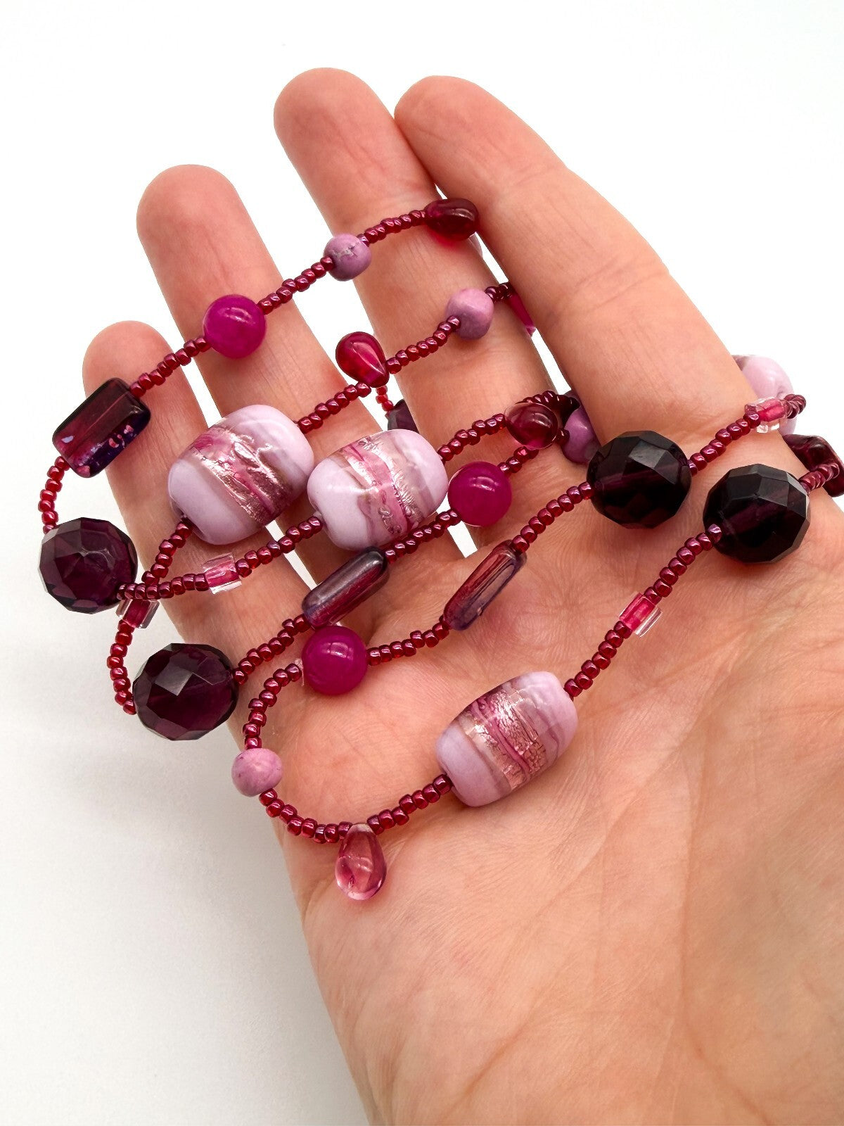 Murano Style Pink Art Glass Necklace Venetian Foil Beads Continuous Strand