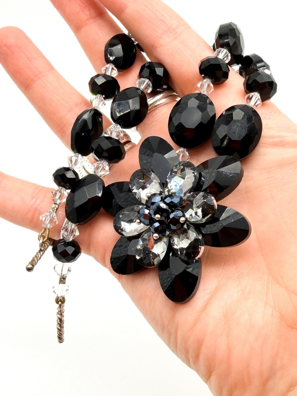 Black Crystal Flower Statement Necklace Earrings Set Faceted Glass Evening Wear