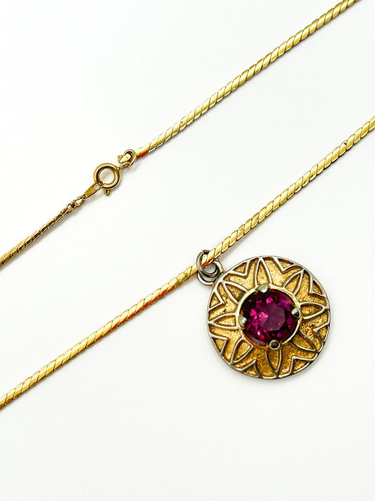 Vintage Purple Glass Statement Pendant Necklace Gold Tone Retro Jewellery