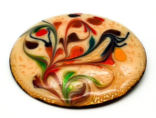 Vintage Enamel Ceramic Brooch Abstract Floral Swirl Round Statement Pin