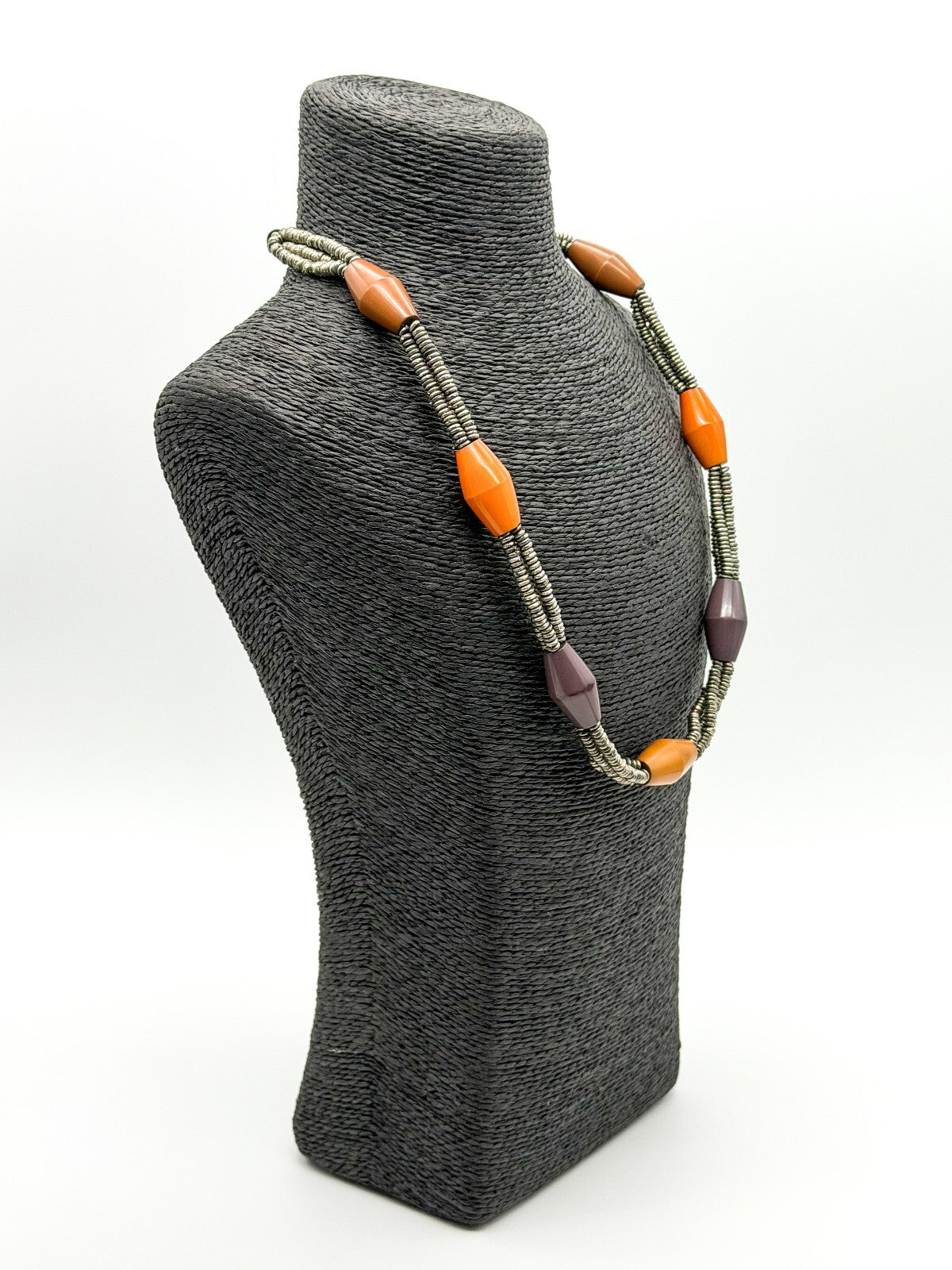 East Triple Strand Statement Necklace Silver Tone Coiled Beads Acrylic Bicone