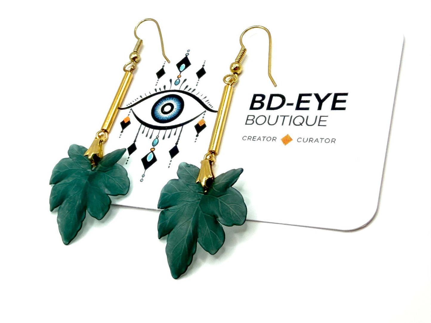 Teal Green Leaf Drop Earrings Gold Tone Vintage Deadstock Handmade Originals