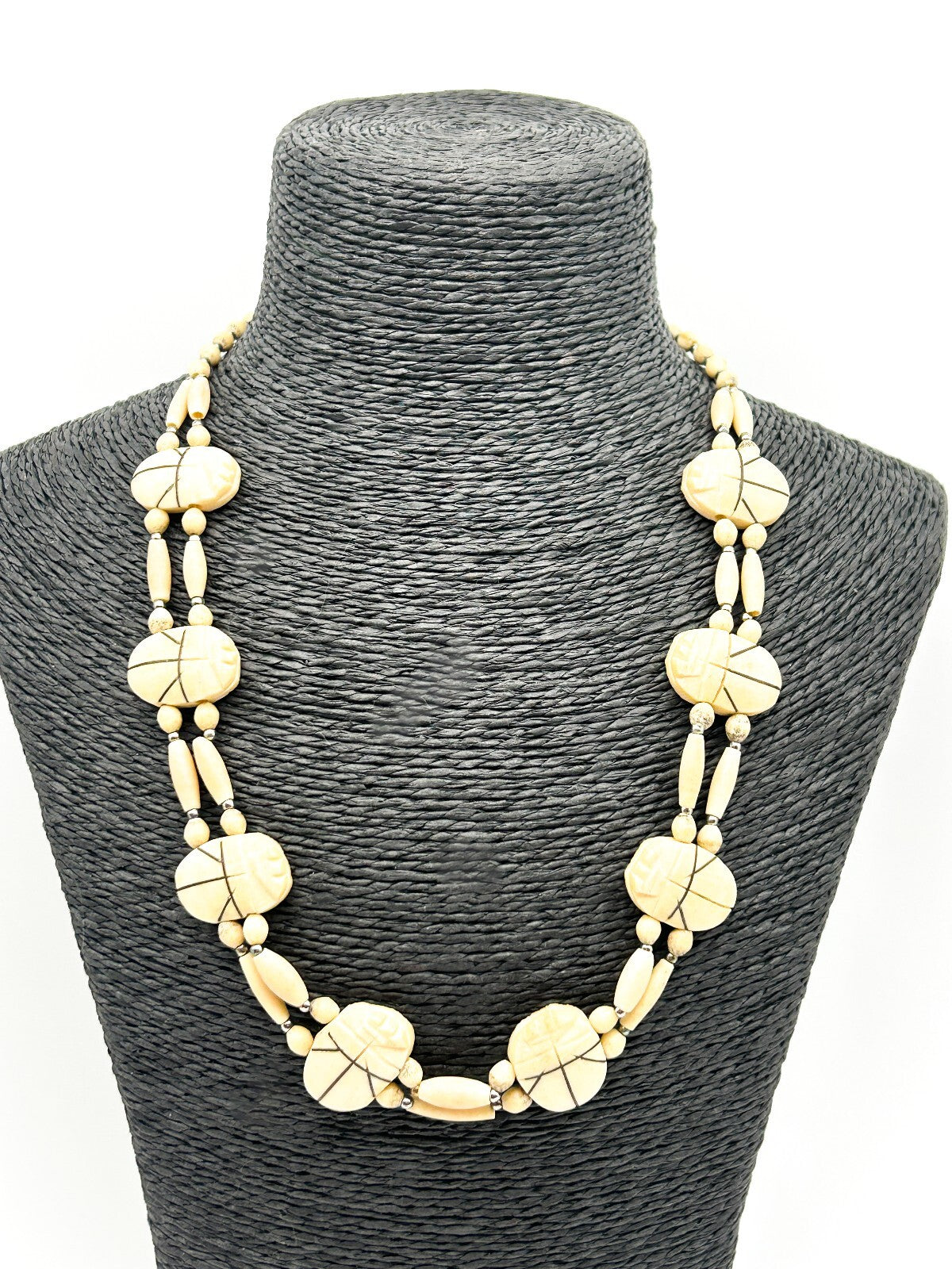 Vintage Carved Scarab Necklace Organic Material Egyptian Revival Beaded 21”