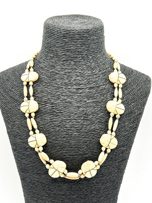 Vintage Carved Scarab Necklace Organic Material Egyptian Revival Beaded 21”