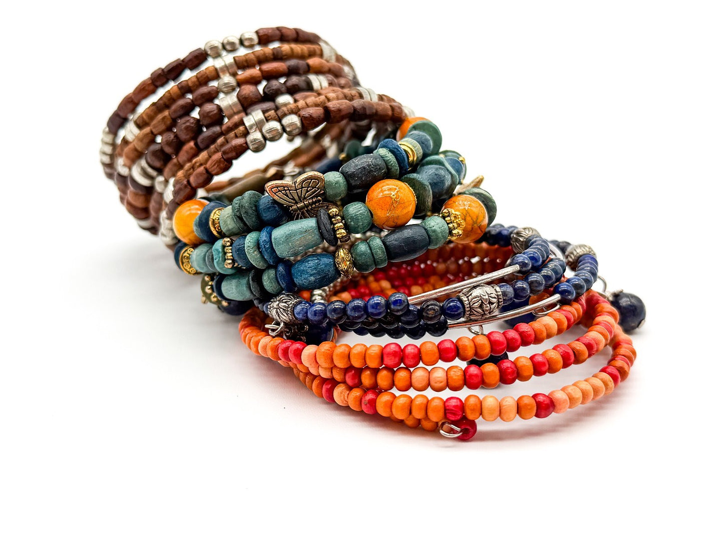 Boho Memory Wire Bracelet Bundle Set 4 Lapis Lazuli Wood Beaded Stack Bracelets