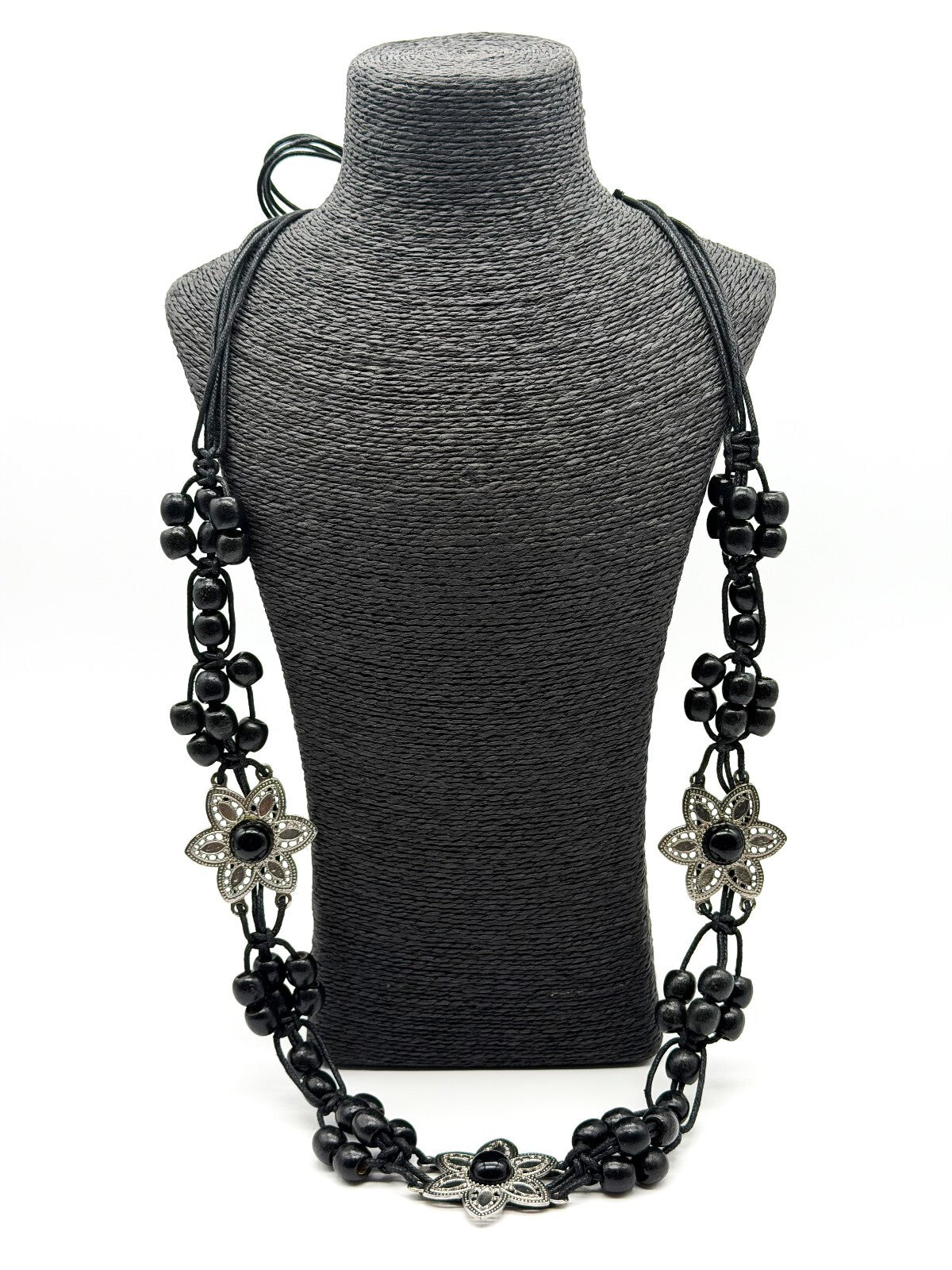 Vintage Black Wooden Bead Tie Belt Multi Strand Boho Floral Silver Tone