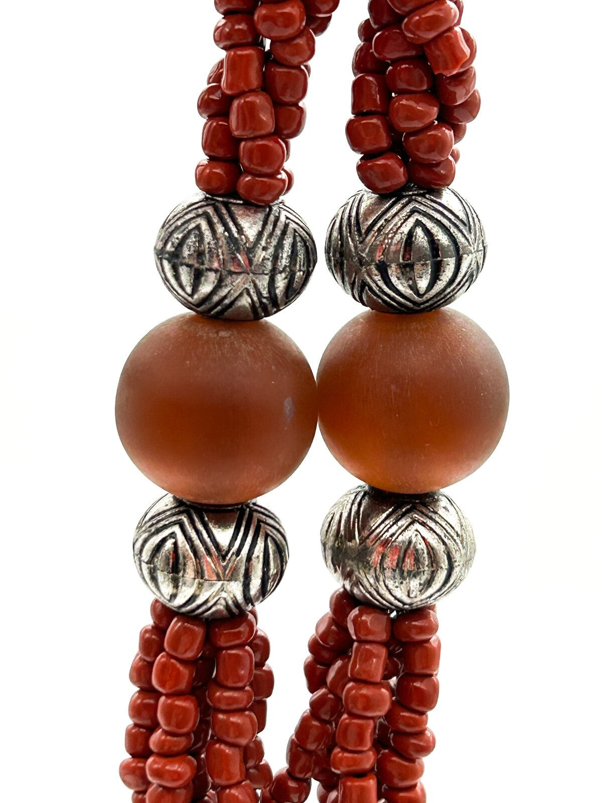 Vintage Tiger’s Eye Amber 6 Strand Tassel Necklace Red Glass Boho Statement