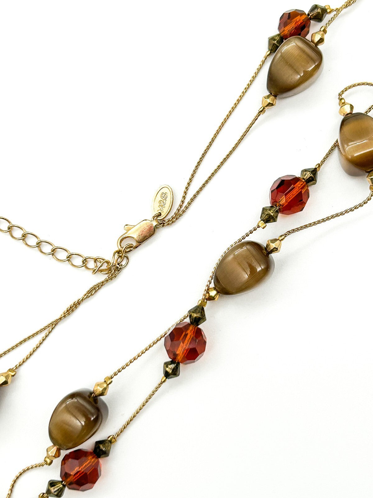 M&S Double Layer Cat’s Eye Glass Bead Necklace Brown Orange Gold Tone