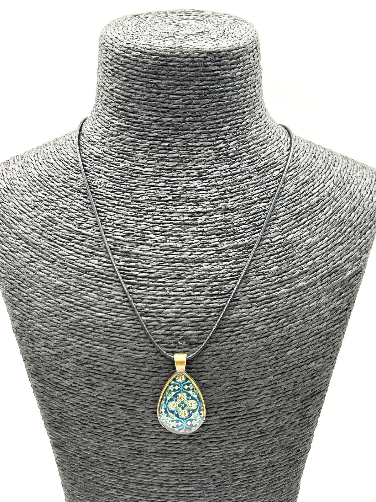 Brass Tone Floral Resin Teardrop Pendant Necklace Blue Geometric Pattern