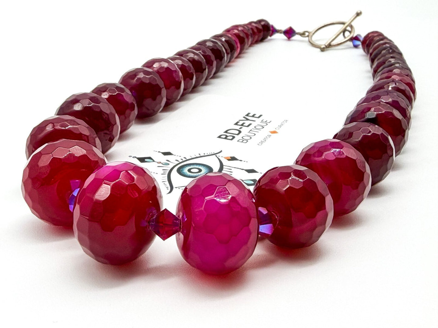 Chunky Ruby Red Quartz Necklace Faceted Magenta Gemstone Statement Toggle Clasp