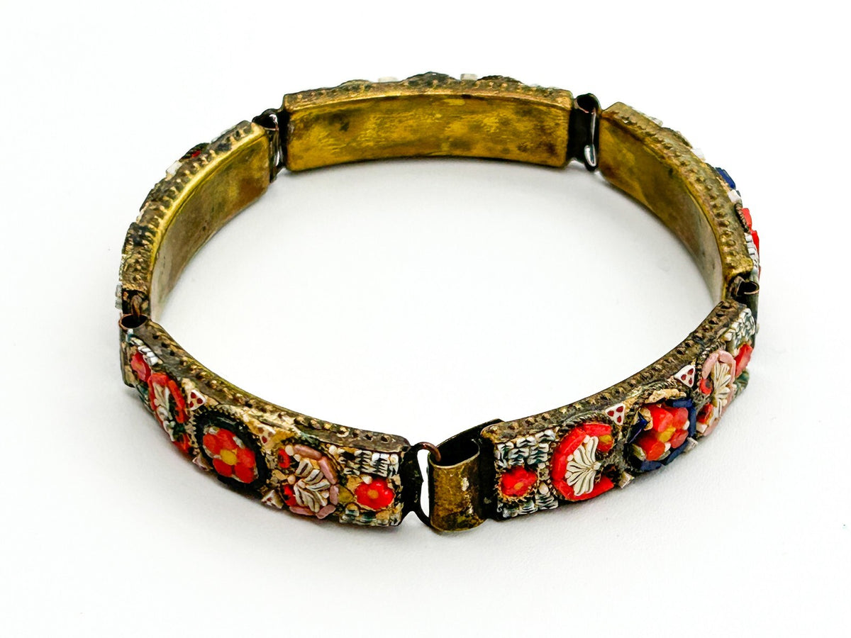 Vintage Italian Micro Mosaic Bracelet RM Made In Italy Red Floral Panel Bracelet