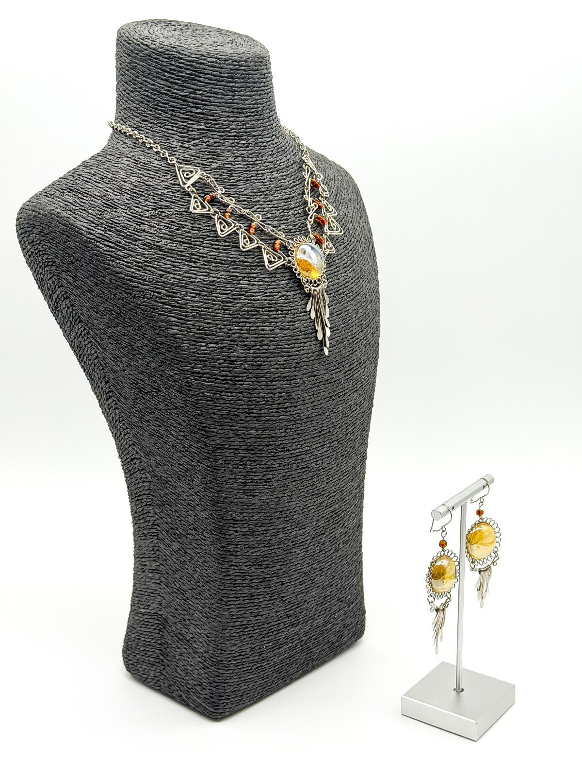 Peruvian Alpaca Necklace Earrings Set Yellow Glass Statement Boho Artisan