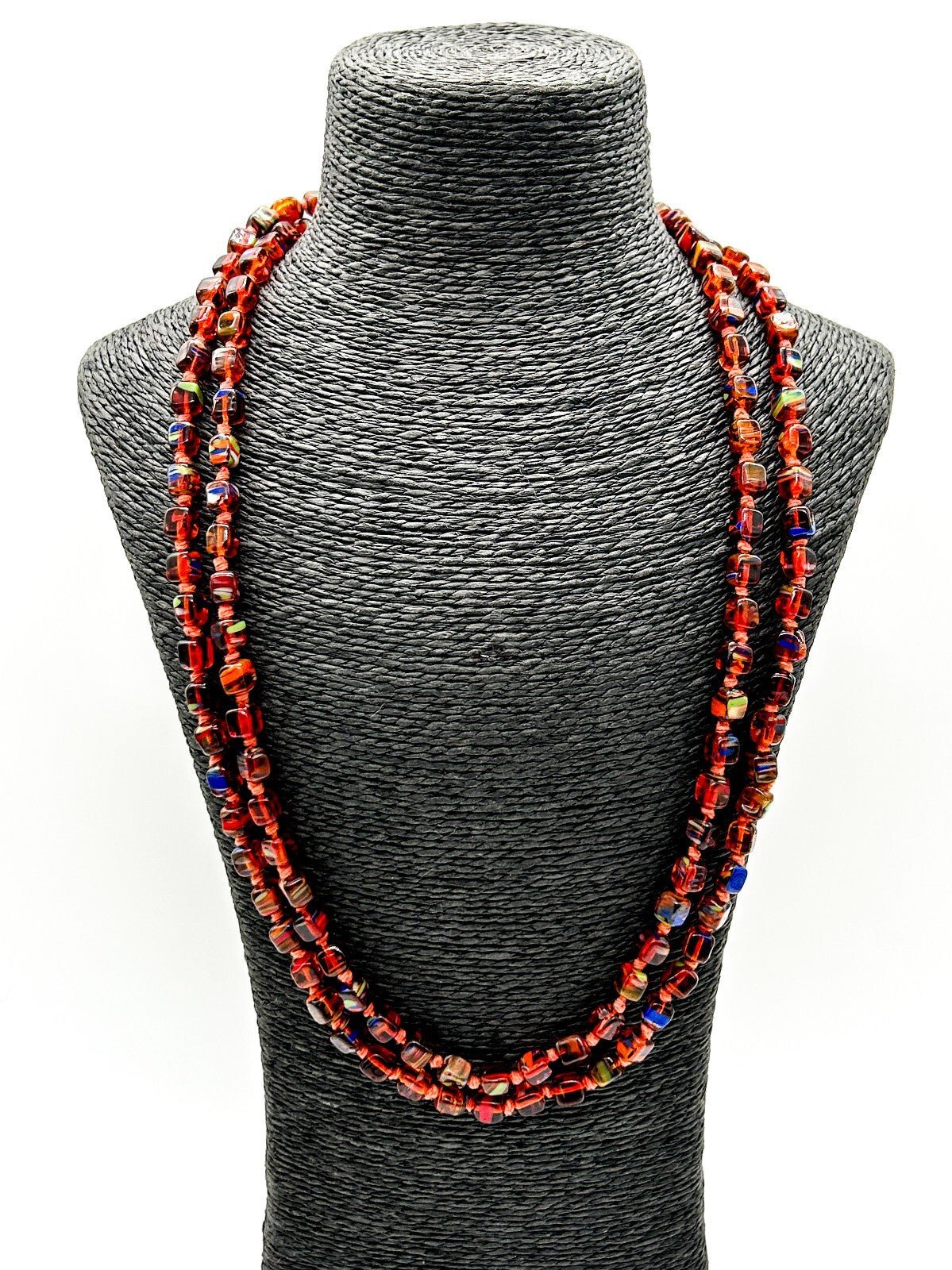 Vintage Orange Czech Art Glass Hand Knotted Necklace Blue Green Spatter Cubes