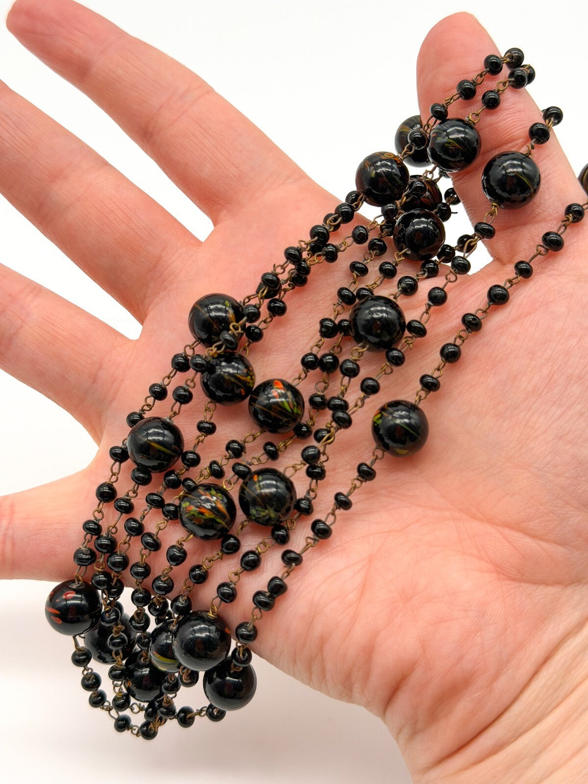 Vintage Murano Art Glass Flapper Necklace Black Orange Green Swirl Beads 26.5”