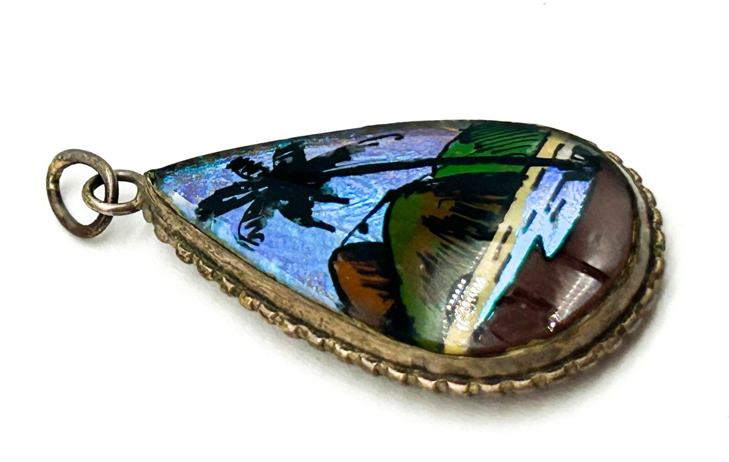Vintage Morpho Butterfly Wing Pendant Brazil Bubble Glass Deco Reverse Painted