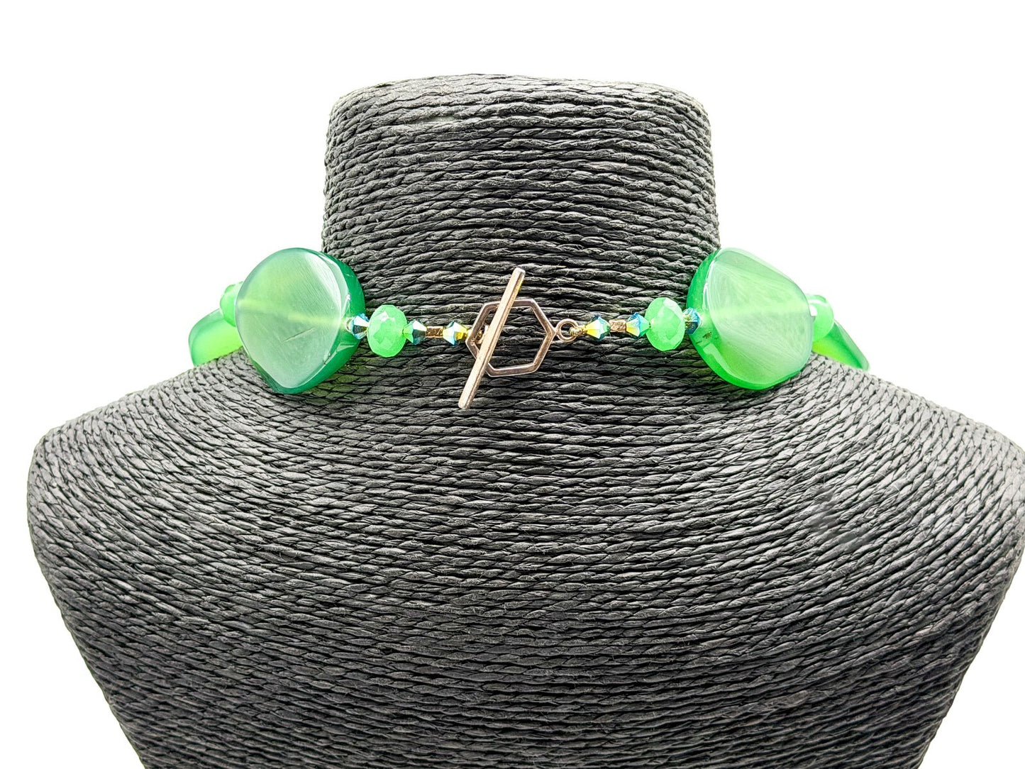 Chunky Green Agate Statement Necklace Faceted Glass Aurora Borealis Beads