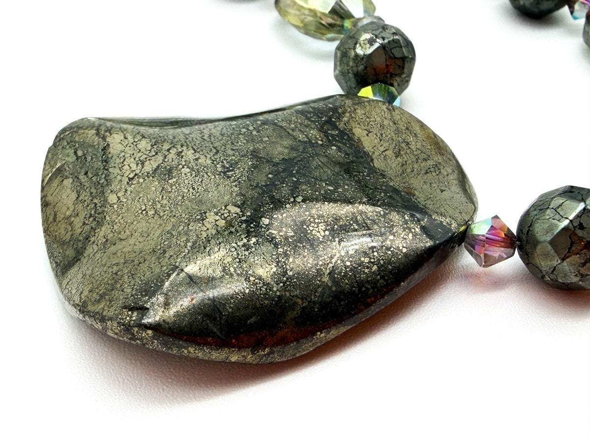 Natural Pyrite Statement Necklace Faceted Smoky AB Crystal Gemstone Pendant