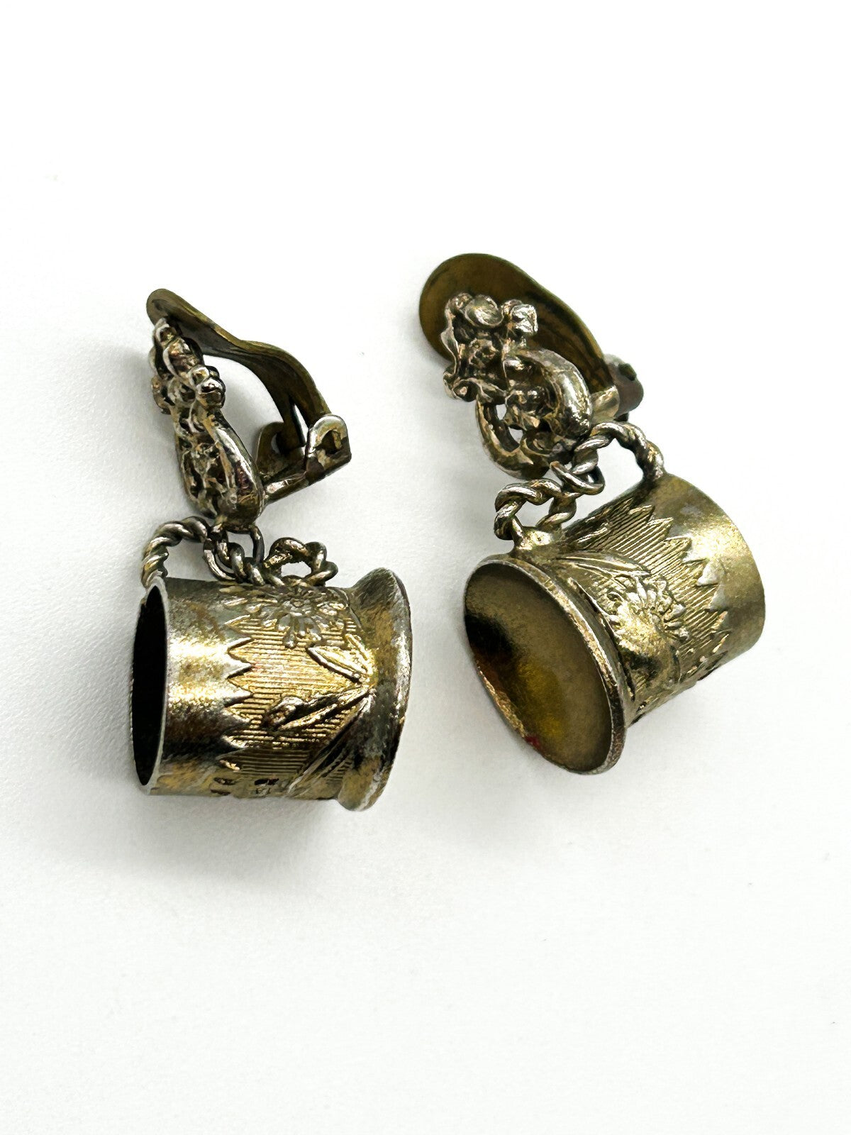 Vintage Silver Tone Tankard Clip On Earrings Novelty Beer Stein Mug Floral