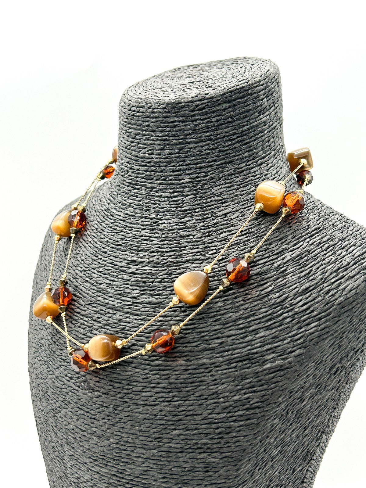 M&S Double Layer Cat’s Eye Glass Bead Necklace Brown Orange Gold Tone