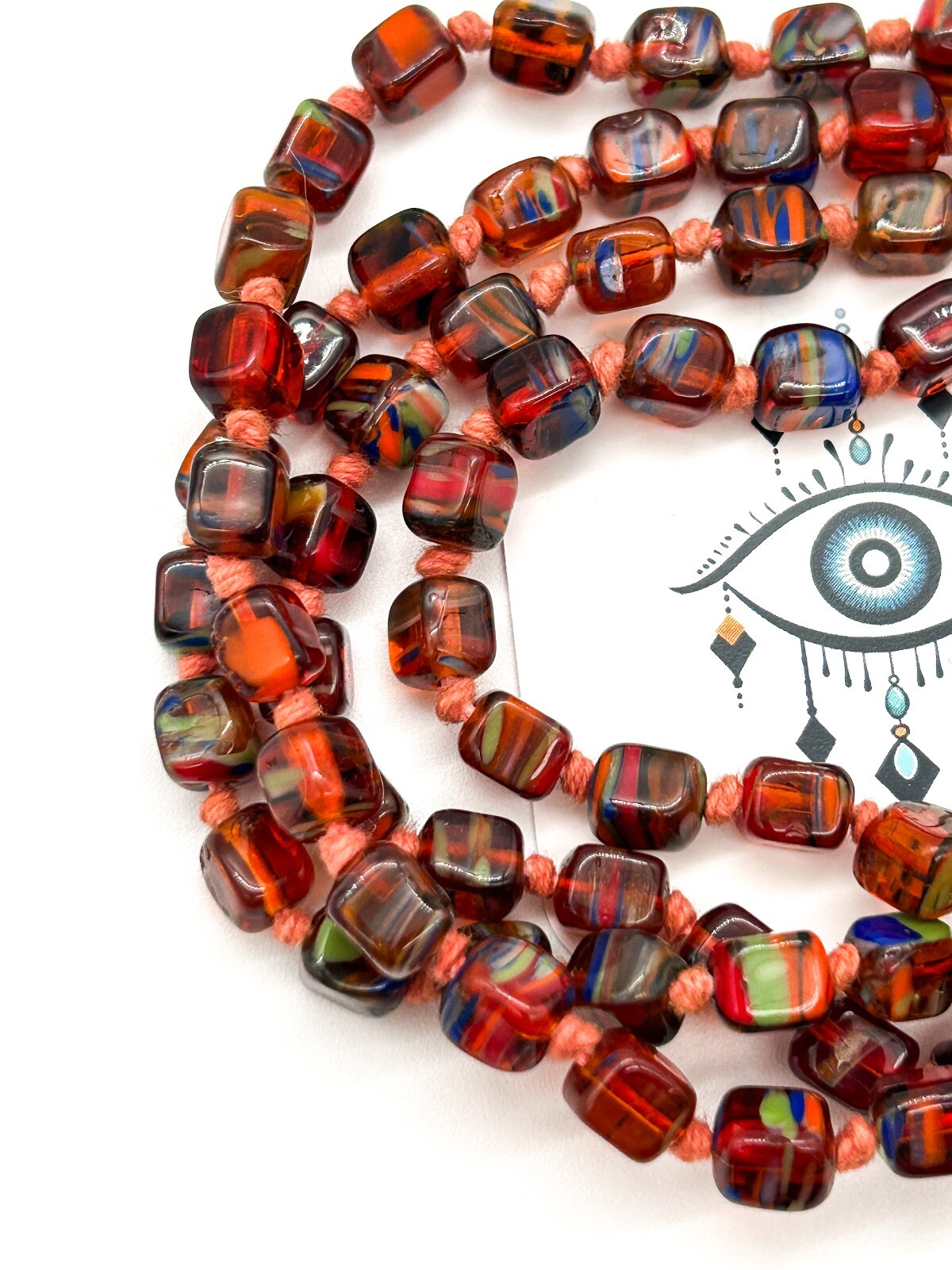 Vintage Orange Czech Art Glass Hand Knotted Necklace Blue Green Spatter Cubes