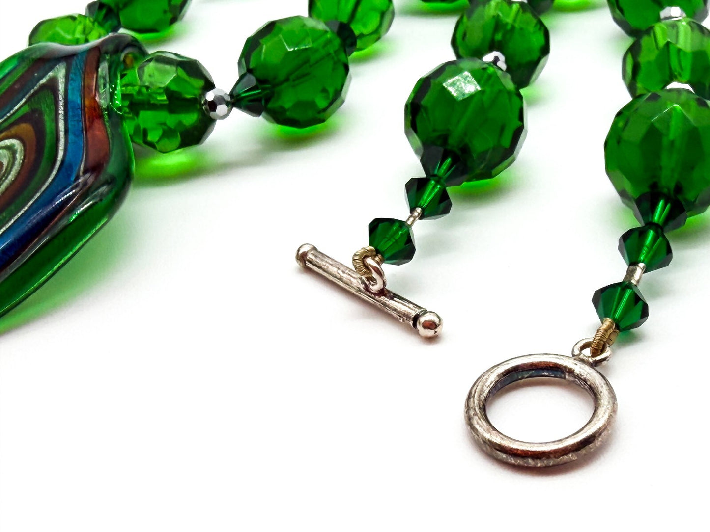 Murano Style Swirl Art Glass Pendant Necklace Green Crystal Glass Toggle Clasp