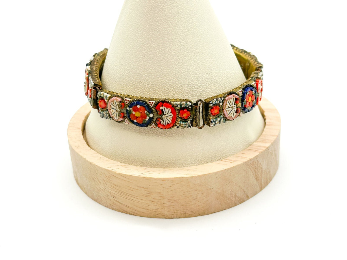 Vintage Italian Micro Mosaic Bracelet RM Made In Italy Red Floral Panel Bracelet