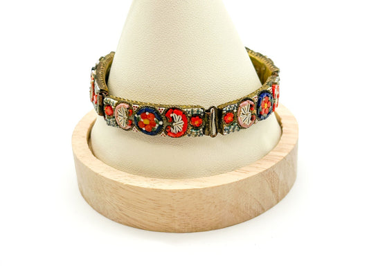 Vintage Italian Micro Mosaic Bracelet RM Made In Italy Red Floral Panel Bracelet