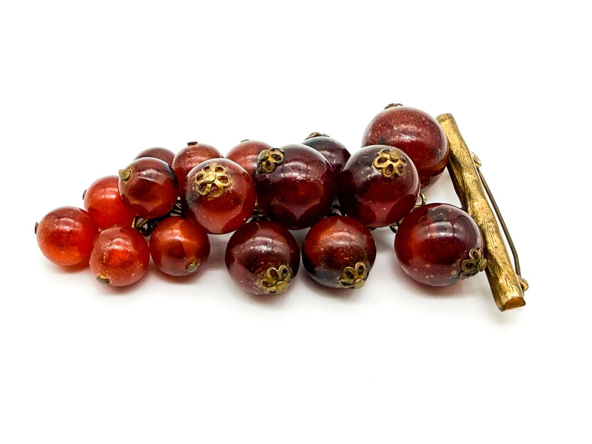 Vintage Cha Cha Lucite Grape Cluster Brooch Red Berry Gold Tone Pin 3.5 Inch