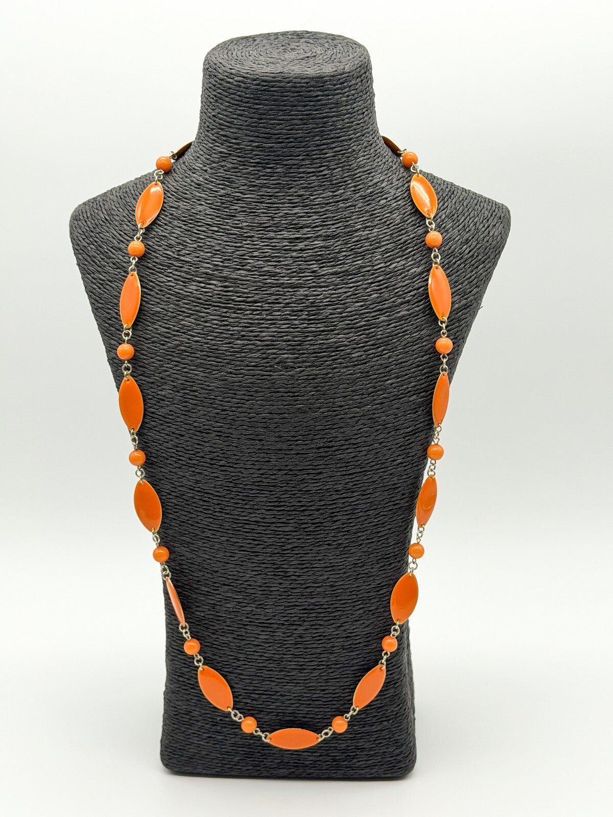 Retro Long Orange Acrylic Link Necklace Marquise Beads Silver Tone 31.5”