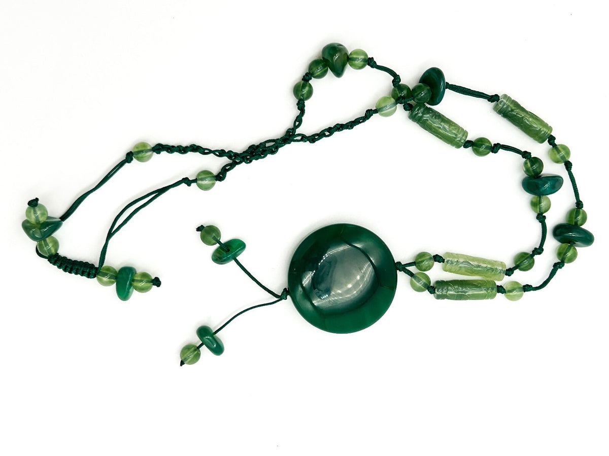 Vintage Green Aventurine Necklace Macrame Disc Pendant Boho Gemstone Tassel