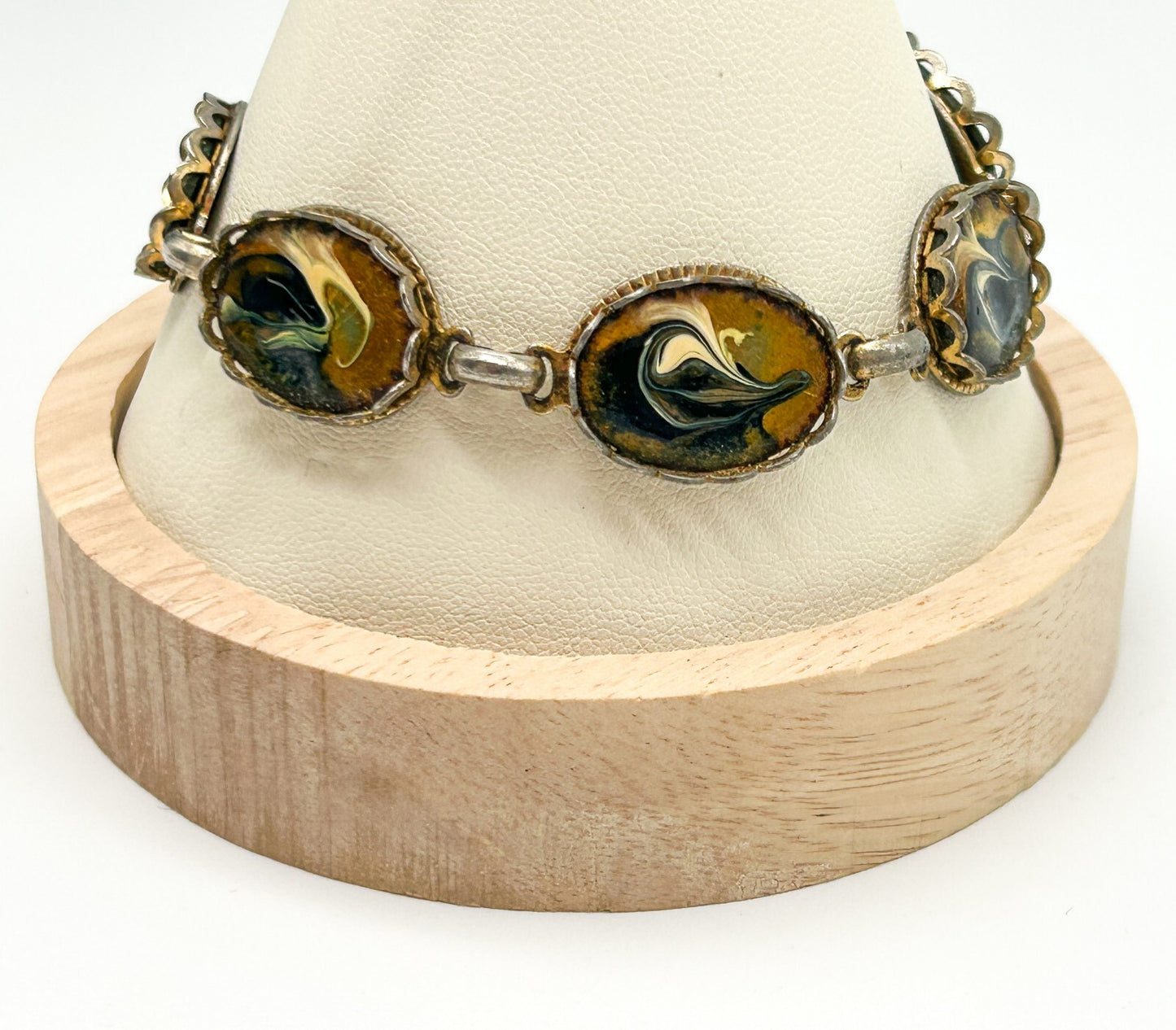 Vintage Enamel Panel Bracelet Gold Blue White Marbled Swirl Oval Bracelet 7.5”