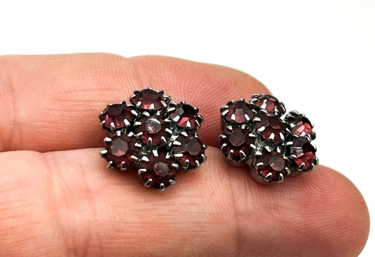 Vintage Clip On Rhinestone Earrings Bundle Blue Clear Pink Red Flower Cluster