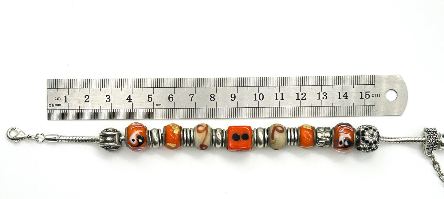 Orange Glass Charm Bracelet European Beads Yin Yang Dice 925 Sterling Charm