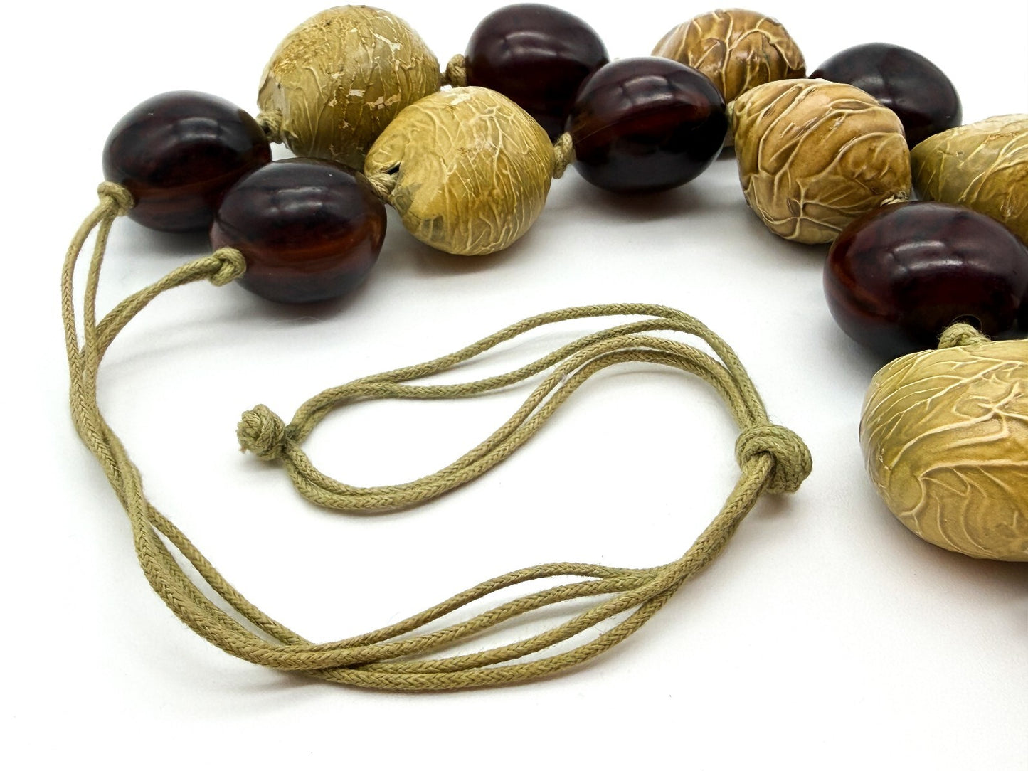 Kukui Nut Statement Necklace Brown Yellow Hand Knotted Adjustable Natural