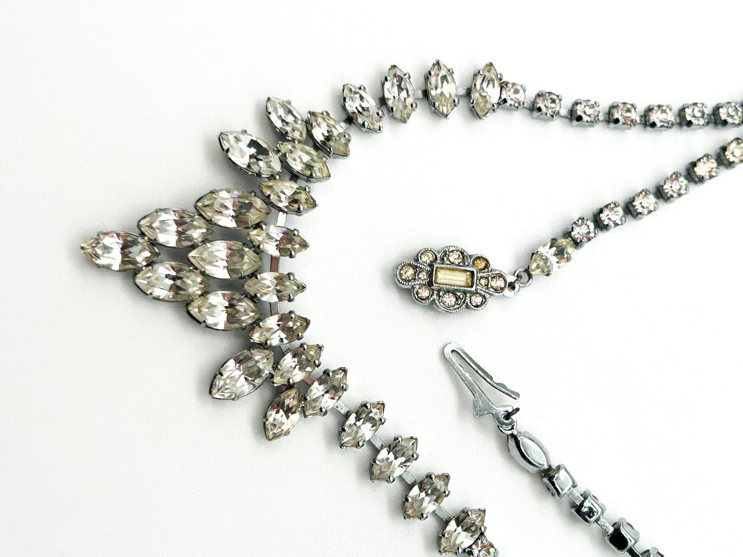 Vintage Clear Marquise Rhinestone Statement Necklace Silver Tone Bridal Wedding