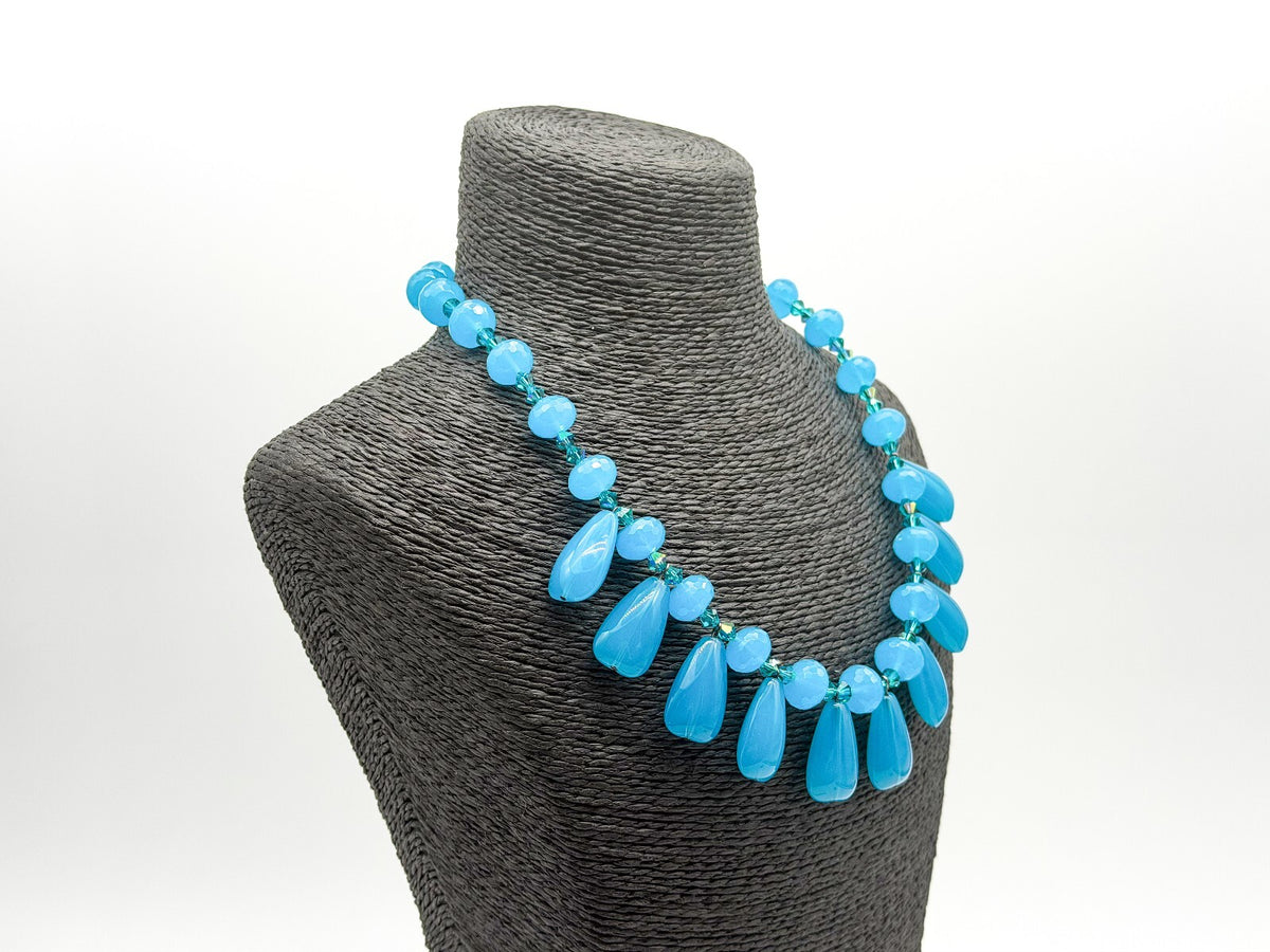 Turquoise Blue Glass Teardrop Fringe Statement Necklace Crystal Spacers Toggle
