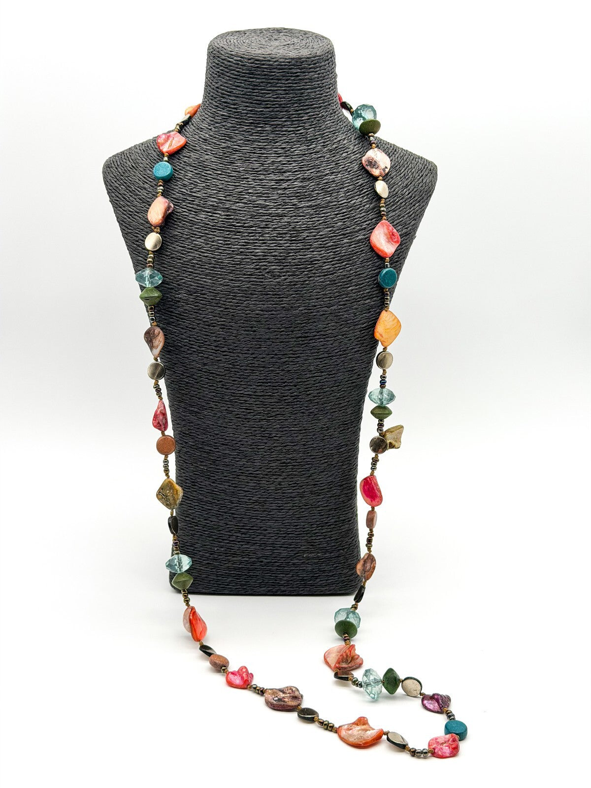 Boho Long Hand Knotted Shell Wood Acrylic Bead Statement Necklace Multicolour