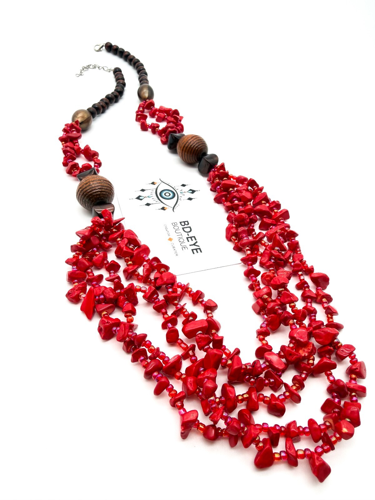 Red Coral Chip 5 Strand Necklace Wood Beads AB Glass Seed Beads 26” Statement