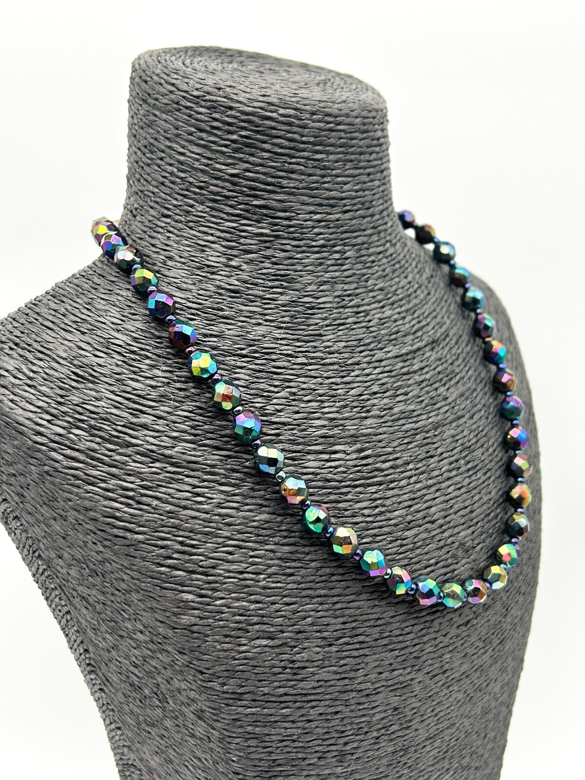 Vintage Carnival Glass Bead Necklace Peacock Iridescent Faceted 19”