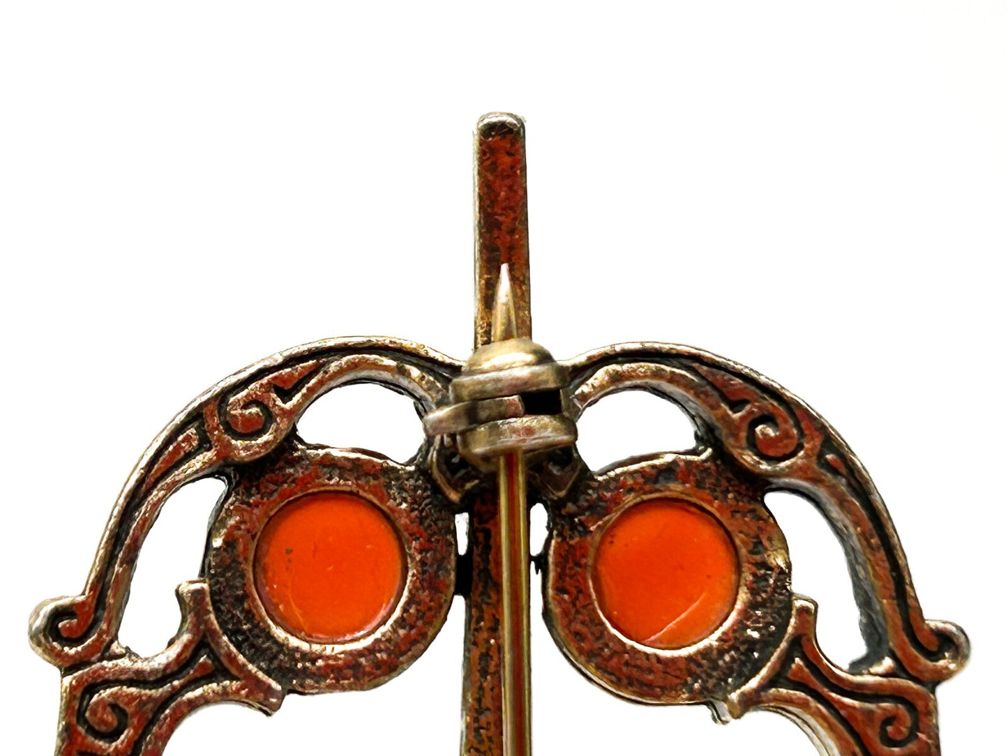 Vintage Celtic Penannular Brooch Faux Carnelian Glass Gold Tone Scarf Pin