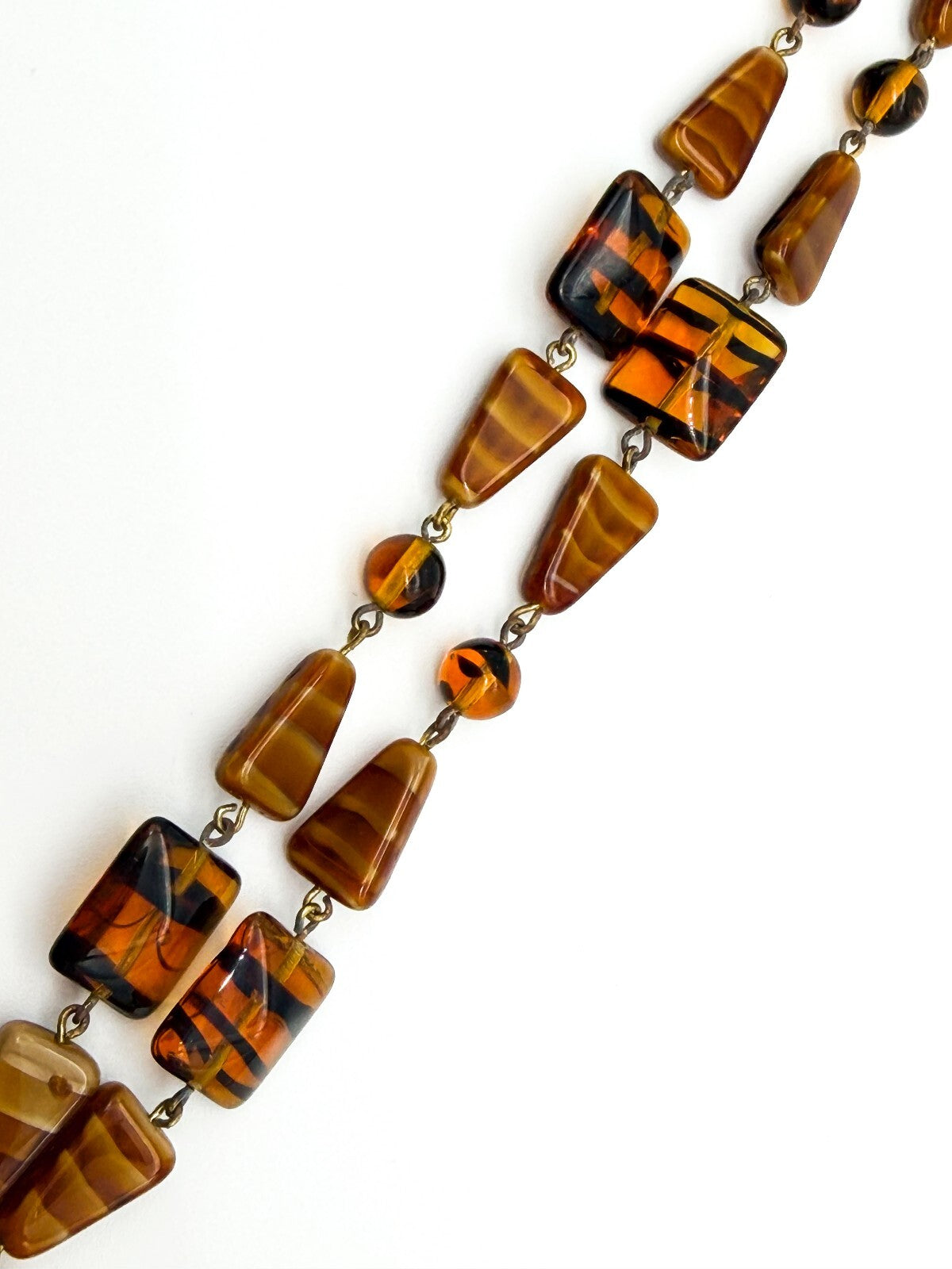 Vintage Amber Art Glass Necklace Givre Black Stripe Geometric Beads 24.5 Inch