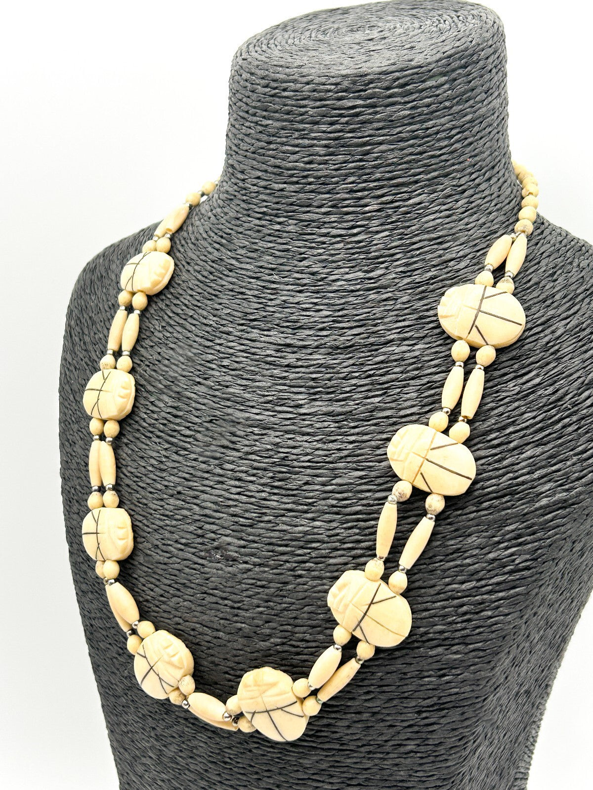 Vintage Carved Scarab Necklace Organic Material Egyptian Revival Beaded 21”