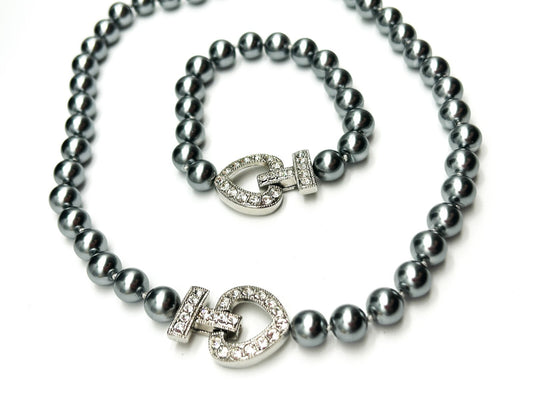 Vintage Grey Faux Pearl Necklace Bracelet Set Rhinestone Heart Clasp 19” 8.5”