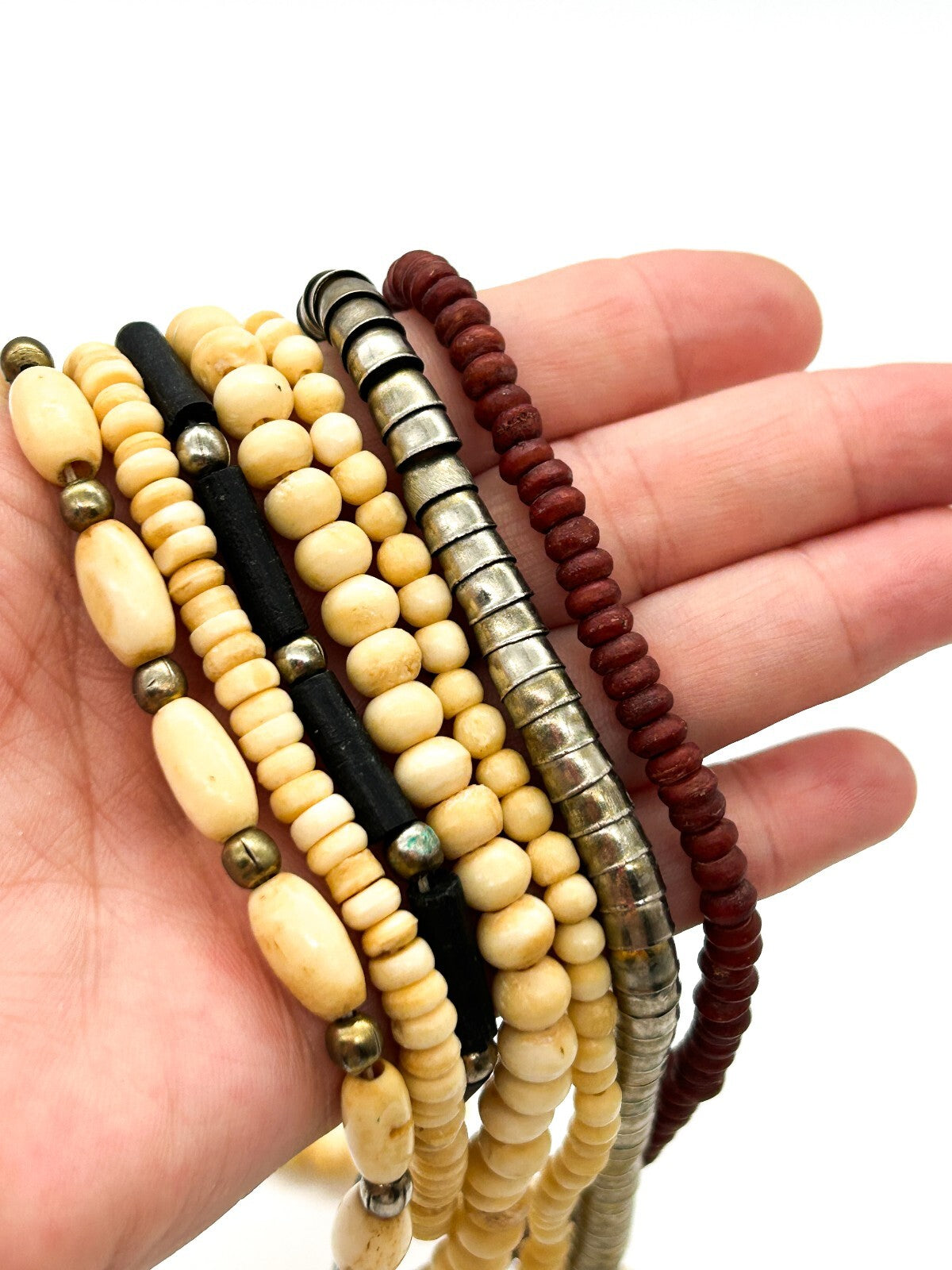 Vintage 7 Strand Organic Bead Necklace Black Cream Red Boho Statement
