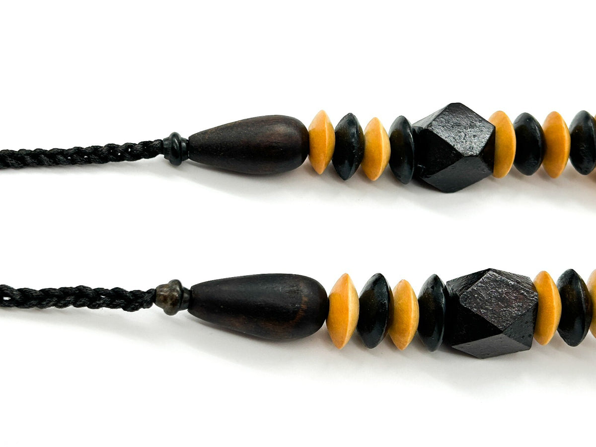 Vintage Black Beige Wooden Bead Necklace Long Chunky Bohemian Statement Retro