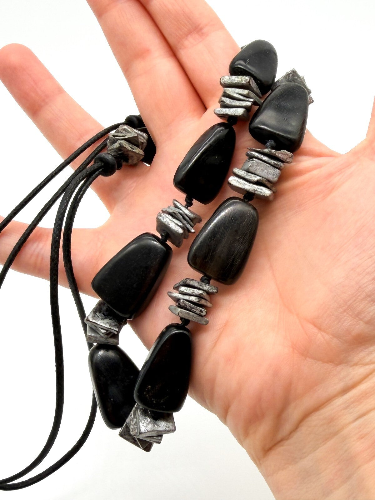 Shungite Gemstone Necklace Black Nugget Beads Silver Spacer Modern Statement