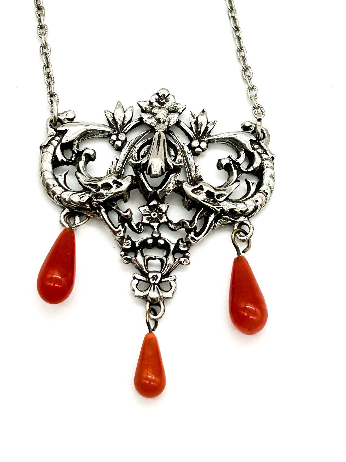 Vintage Art Nouveau Style Pendant Necklace Silver Tone Orange Glass Drops